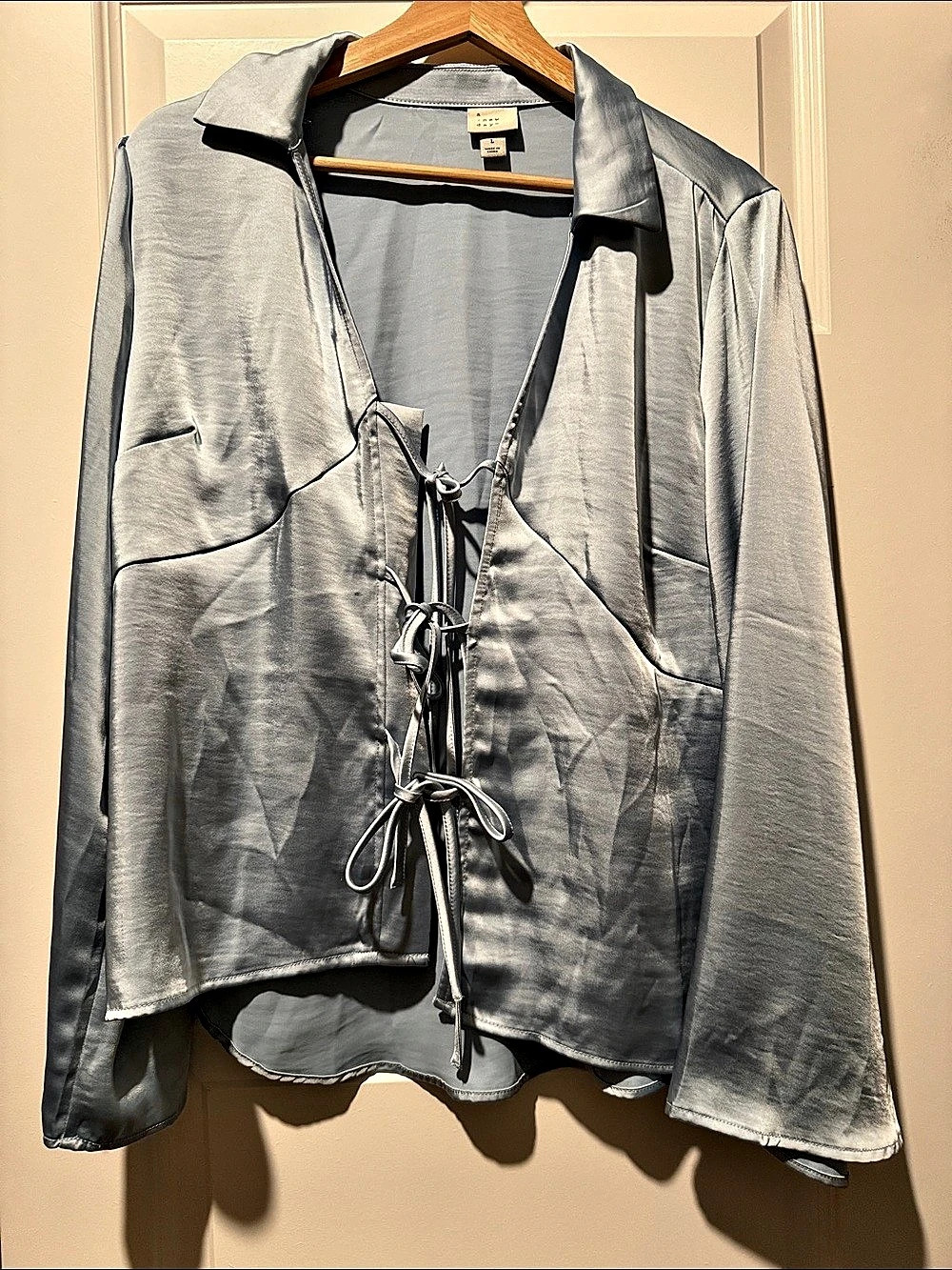 a new day Women's Lace-Up light blue satin blouse Large Like New